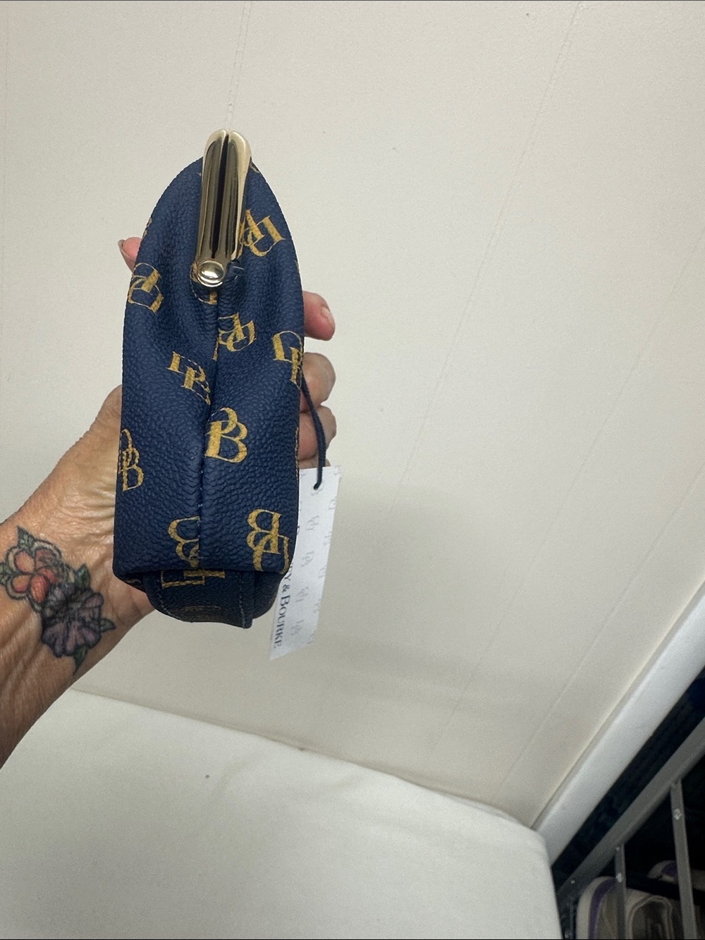 Dooney & Bourke Navy and Gold DB Monogram Kiss-Lock Coin Purse - Picture 5 of 11